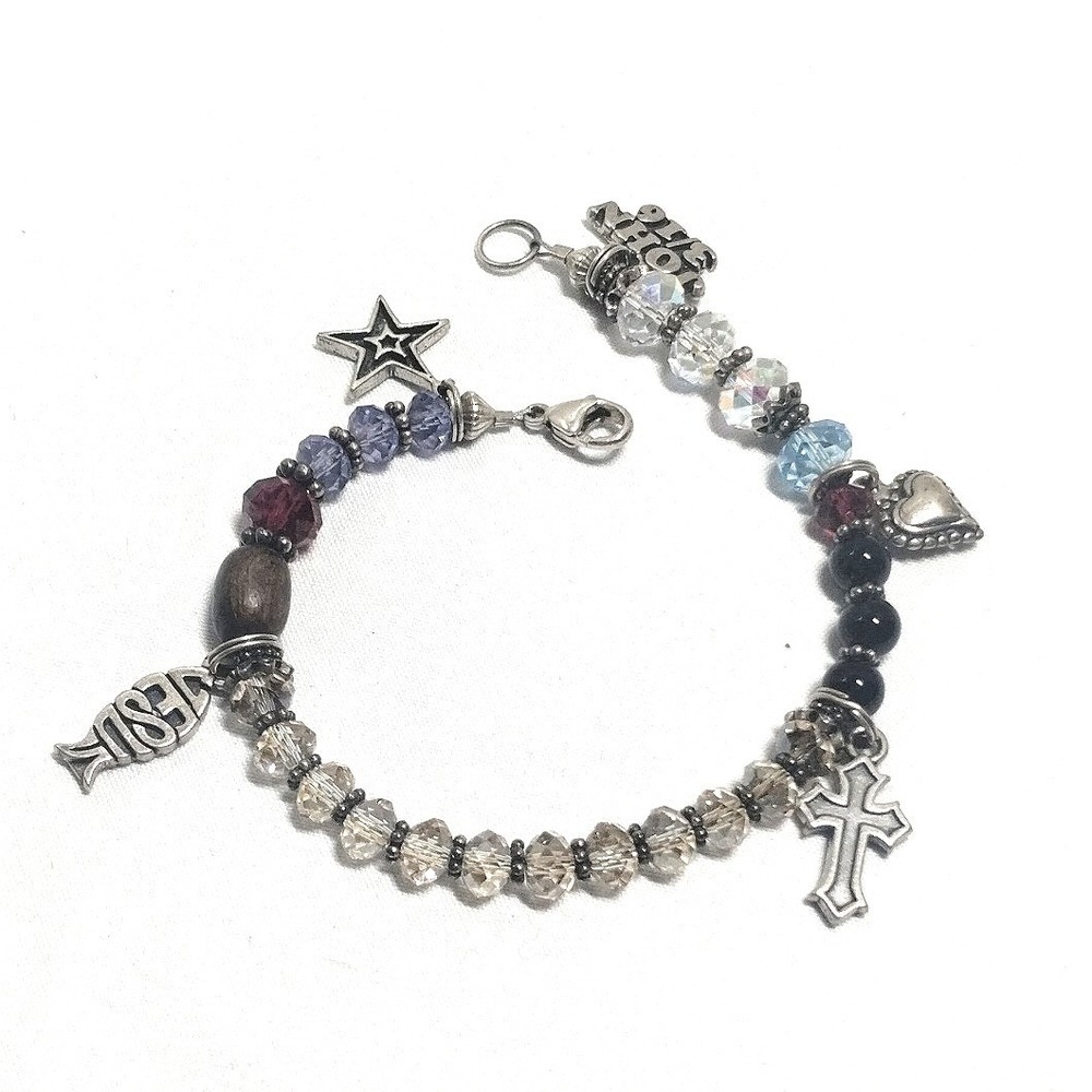 925 Sterling Silver Christian Religious Charm Bracelet John 3:16 Cross Star 7.5"